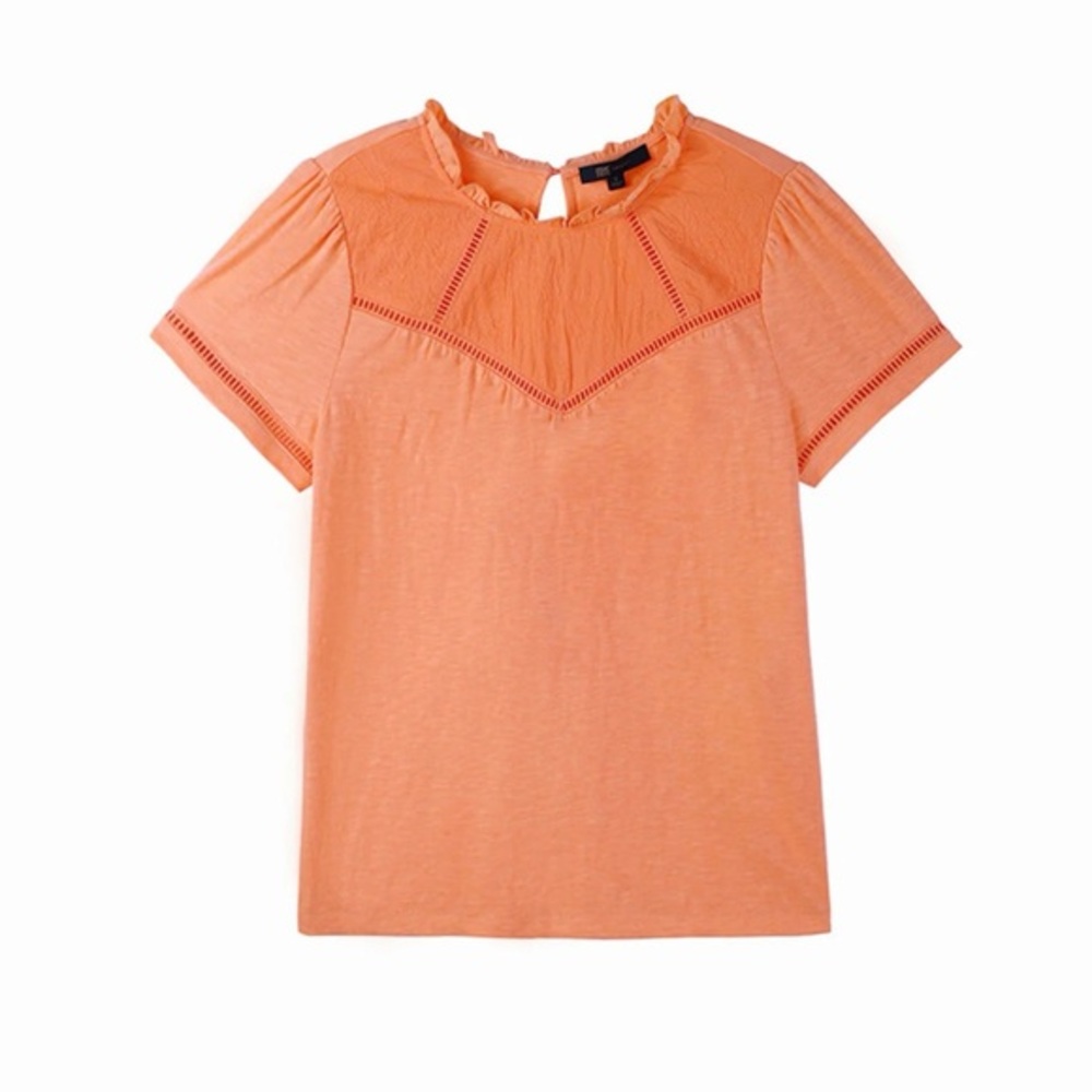 Frye Top Orange Embroidered Yoke Tee Shirt M Cottagecore Boho